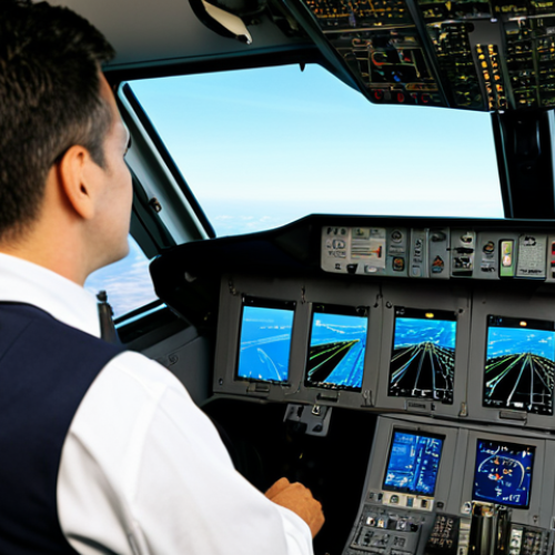 **

A modern airliner cockpit during flight. The pilots, fully clothed in professional uniforms, are attentively monitoring the automated flight systems. Display screens show navigation data and flight parameters. The background shows a clear sky outside the cockpit window.  Safe for work, appropriate content, fully clothed, professional, perfect anatomy, correct proportions, natural pose, high quality.

**
