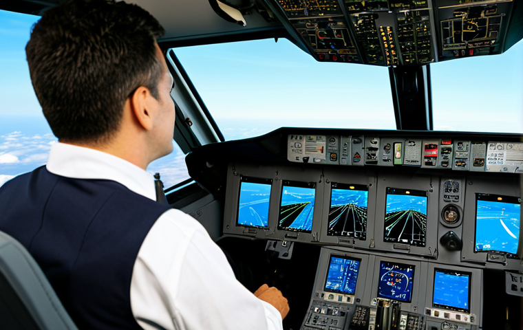 **

A modern airliner cockpit during flight. The pilots, fully clothed in professional uniforms, are attentively monitoring the automated flight systems. Display screens show navigation data and flight parameters. The background shows a clear sky outside the cockpit window.  Safe for work, appropriate content, fully clothed, professional, perfect anatomy, correct proportions, natural pose, high quality.

**