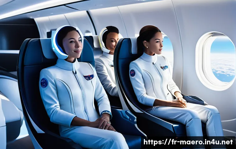 항공우주 기술 혁신 - **Prompt:** A diverse group of passengers, dressed in stylish yet comfortable futuristic travel atti...