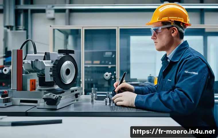 정밀기계 자격증 - A highly detailed workshop scene focused on precision mechanics, featuring a skilled technician wear...