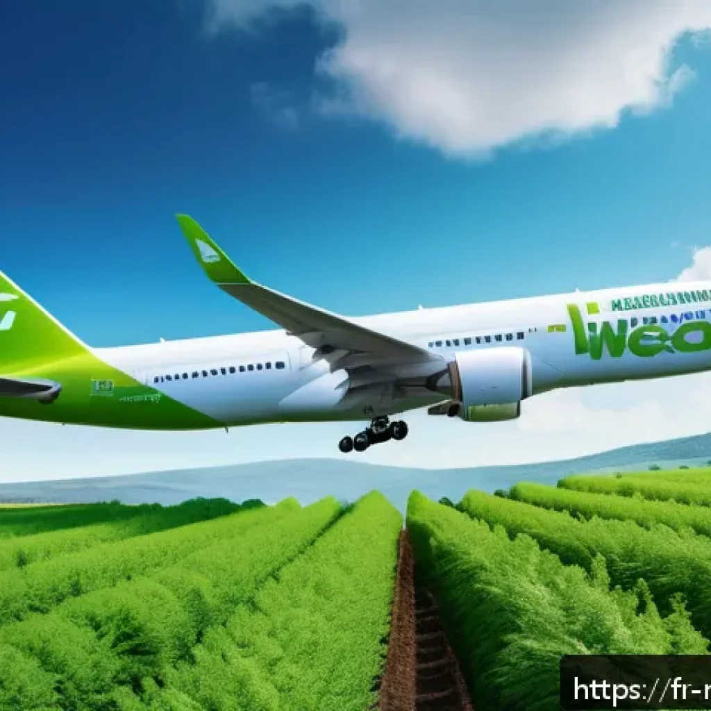 항공 우주 기술 - A futuristic commercial airplane flying over a lush green landscape, powered by sustainable biofuels...