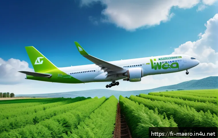 항공 우주 기술 - A futuristic commercial airplane flying over a lush green landscape, powered by sustainable biofuels...