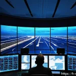 Home 20 항공기 항법 및 통신 시스템 - A high-tech air traffic control center interior at night, featuring multiple large high-resolution r...