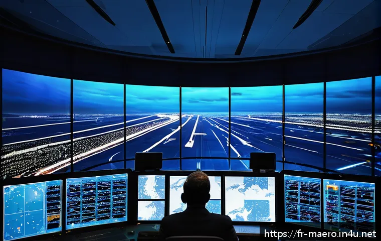 항공기 항법 및 통신 시스템 - A high-tech air traffic control center interior at night, featuring multiple large high-resolution r...
