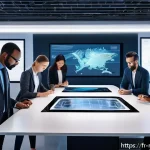 Home 18 CAD CAE 소프트웨어 - A high-tech industrial design office scene showing diverse professionals collaborating around a larg...