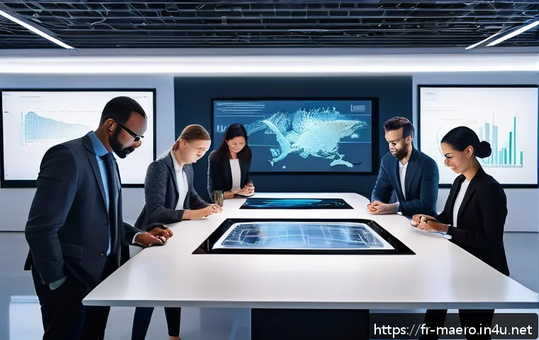 CAD CAE 소프트웨어 - A high-tech industrial design office scene showing diverse professionals collaborating around a larg...