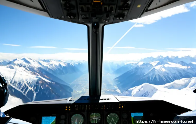 항공기 항법 시스템 - Photorealistic commercial aviation cockpit during a calm daytime flight over the French Alps, two pr...