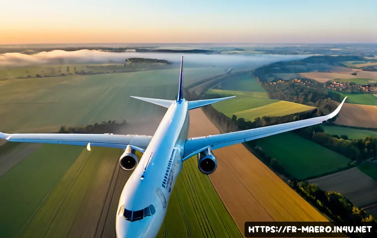 비행기 양력 - Photorealistic commercial passenger airplane climbing above the French countryside near Toulouse, vi...
